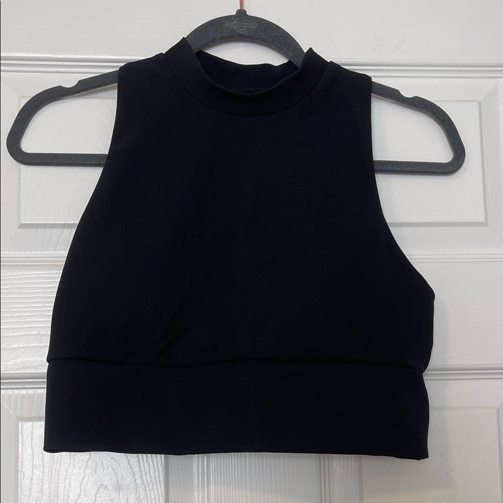 Black Mock Neck Cropped Ribbed Sports Bra